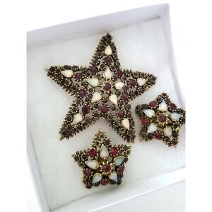 Vintage Large Red Rhinestone and Faux Opal Star Brooch and Earring Set